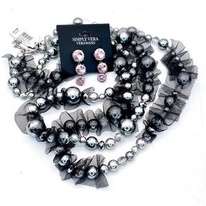 NWT WHBM Black Pearl+Lace Double Stand Necklace & Vera Wang Pink Gem Earrings